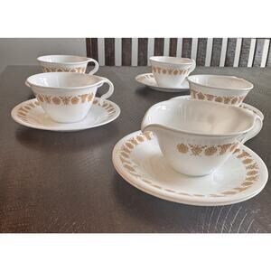 Corelle by Corning Set of 4 Mugs/Cream Pourer/6 Saucers Gold/White